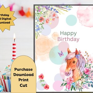 Printable Birthday Card, Horse Birthday Card, Digital, Birthday Card ...