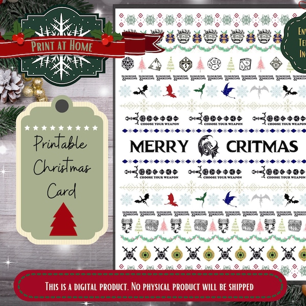 Dragons and Dungeons Christmas Card, Printable Christmas Card, Gaming Christmas Card, Table Top Game