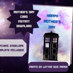 Moederdag, Moederdagkaart, Doctor Who Card, Digitaal, Afdrukbaar, Tardis, Kaart en Envelop, Afdrukbare kaart, Download, Doctor Who