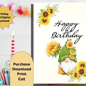 Carte d'anniversaire de gnome, carte d'anniversaire de tournesol, carte imprimable, carte et enveloppe, carte faite maison, carte d'anniversaire imprimable de tournesol de gnome
