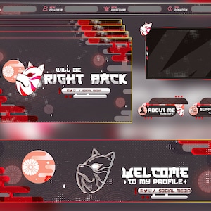 Animated Kitsune Mask Stream Package For twitch streamers Japanese Kitsune Alerts for Twitch Overlay Red Kitsue Animated Red