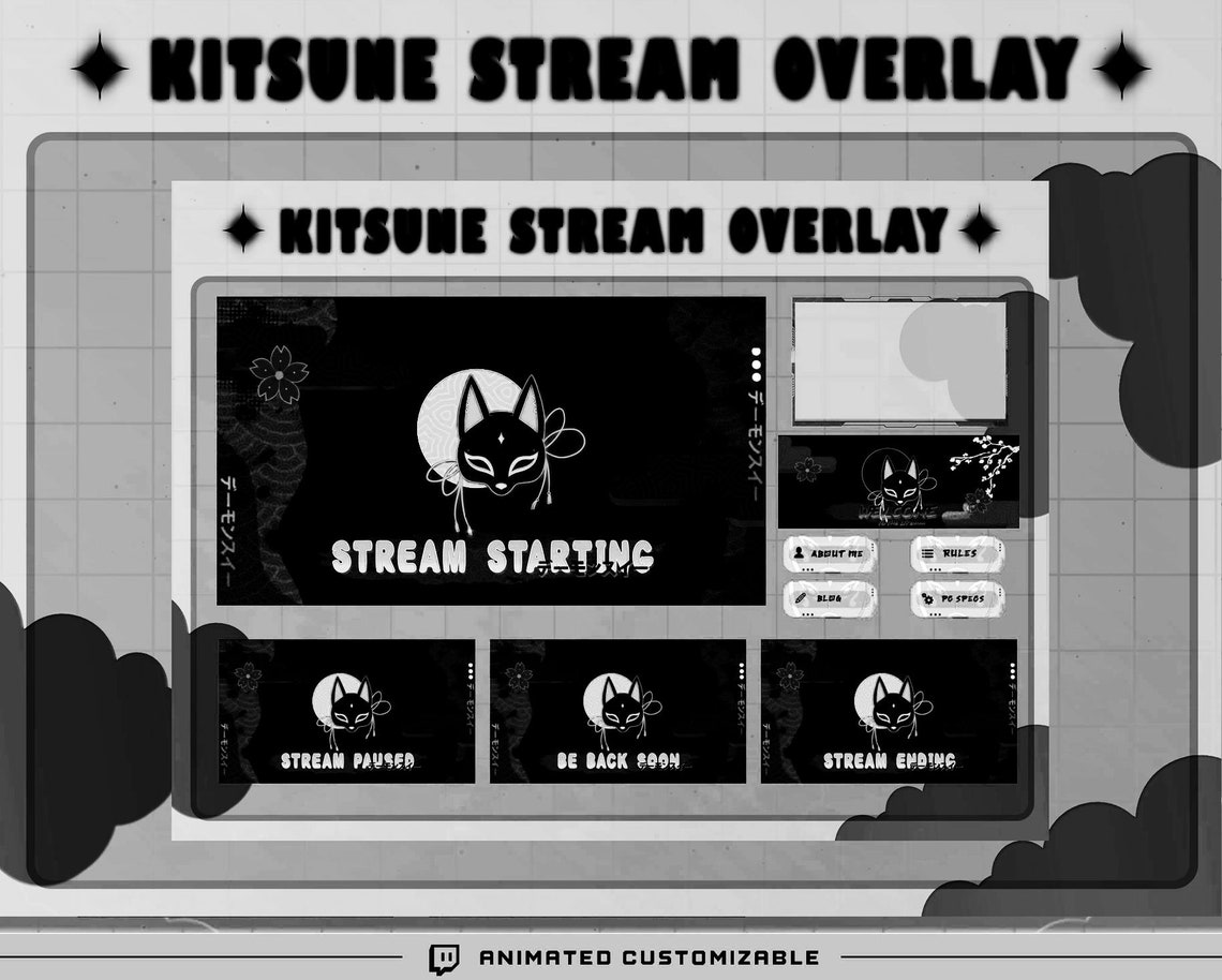 Animated Black & White Kitsune Stream Package for Twitch Streamers ...