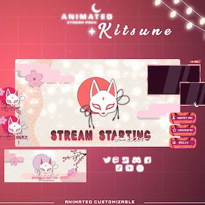 Animated White Kitsune Stream Package For twitch streamers Japanese Kitsune Alerts for Twitch Overlay Red Kitsue Animated