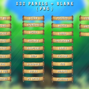 Peut inclure: Un ensemble de 32 panneaux Twitch de style parchemin brun avec du texte blanc. Les panneaux incluent du texte tel que "&Agrave; propos de moi", "YouTube", "Liste de souhaits", "Steam", "Patreon", "Contact", "Sponsors", "Marchandises", "&OElig;uvres d'art", "Sp&eacute;cifications", "Liens", "Site Web", "R&eacute;seaux sociaux", "Instagram", "Twitter", "Snapchat", "Jeux", "Twitch", "Boutique", "Suivre", "TikTok", "Horaire", "FAQ", "Merci", "R&egrave;gles", "Faire un don", "S'abonner", "Sp&eacute;cifications PC", et "Discord".