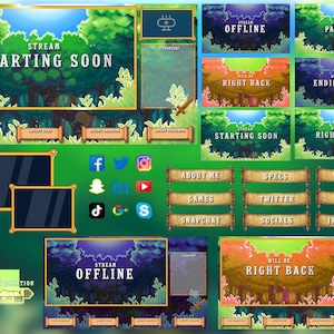 Peut inclure: Un ensemble de 12 superpositions de flux Twitch avec un fond de for&ecirc;t verte. Les superpositions comprennent des panneaux de d&eacute;marrage imminent, hors ligne, en pause, de retour bient&ocirc;t, de fin prochaine, de nouveau abonn&eacute;, de nouveau don, &agrave; propos de moi, sp&eacute;cifications, site Web, jeux, Twitter, Twitch, Snapchat, r&eacute;seaux sociaux et Instagram.