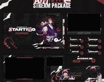 May include: A fully animated Twitch stream package with an anime theme. The package includes a starting soon screen, a webcam overlay, a chat box, a banner, and several buttons for social media, donations, and more. The package features a black and red color scheme with a ripped paper effect.