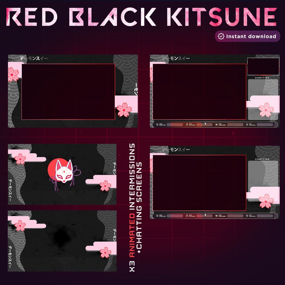 Animated Black Kitsune Stream Package for Twitch Streamers Japanese ...