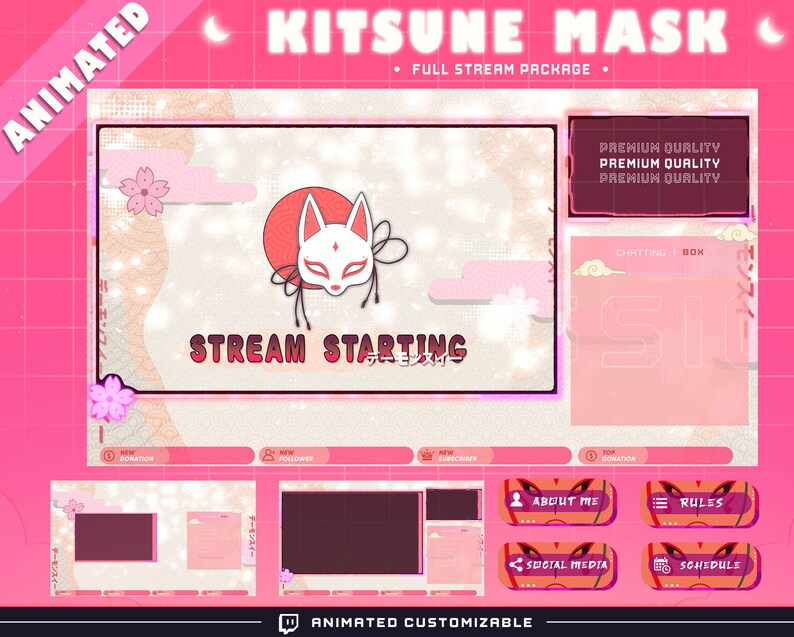 Animated White Kitsune Stream Package for Twitch Streamers Japanese ...