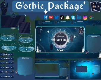 May include: A digital art package with a gothic theme, featuring a dark blue and teal color scheme. The design includes elements like tarot cards, candles, and celestial patterns. Text includes "Gothic Package" and social media icons.