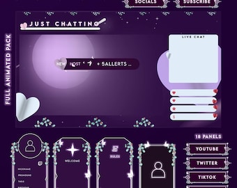 May include: Purple and white animated Twitch stream overlay with a floral design. The overlay includes a chat box, a welcome screen, a rules screen, and a social media panel. The text "JUST CHATTING" is displayed at the top of the overlay.