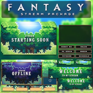 Puede incluir: Un paquete de transmisión de Twitch con temática de fantasía con un esquema de color verde y azul. El paquete incluye una pantalla de inicio, una pantalla fuera de línea, una pancarta de bienvenida y varios botones para redes sociales y otra información.