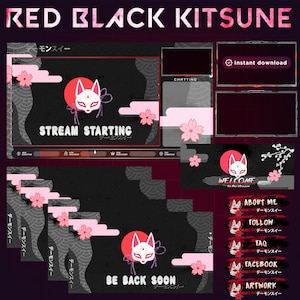 Animated Black Kitsune Stream Package For twitch streamers Japanese Kitsune Alerts for Twitch Overlay Red Kitsue Animated