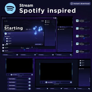 Puede incluir: Un diseño gráfico digital con un logotipo de Spotify y el texto "Stream Spotify inspired". El diseño presenta una superposición de transmisión azul oscuro y púrpura con elementos como un chat en vivo, nombres de usuario y notas musicales.