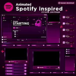 Puede incluir: Un paquete de transmisión en vivo animado inspirado en Spotify en morado y negro para Twitch o YouTube. El paquete incluye una superposición de transmisión en vivo, un cuadro de chat y paneles de redes sociales. La superposición presenta un icono de auriculares animado rosa y el texto "Stream Starting".
