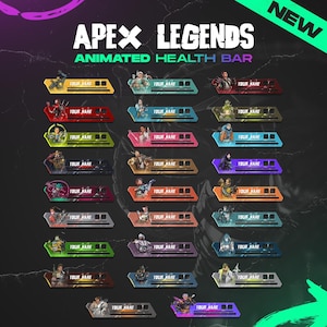 May include: A digital illustration of animated health bars for the video game Apex Legends. The bars are colourful and feature different characters from the game. The text "APEX LEGENDS ANIMATED HEALTH BAR" is at the top of the image. The word "NEW" is in the top right corner of the image.