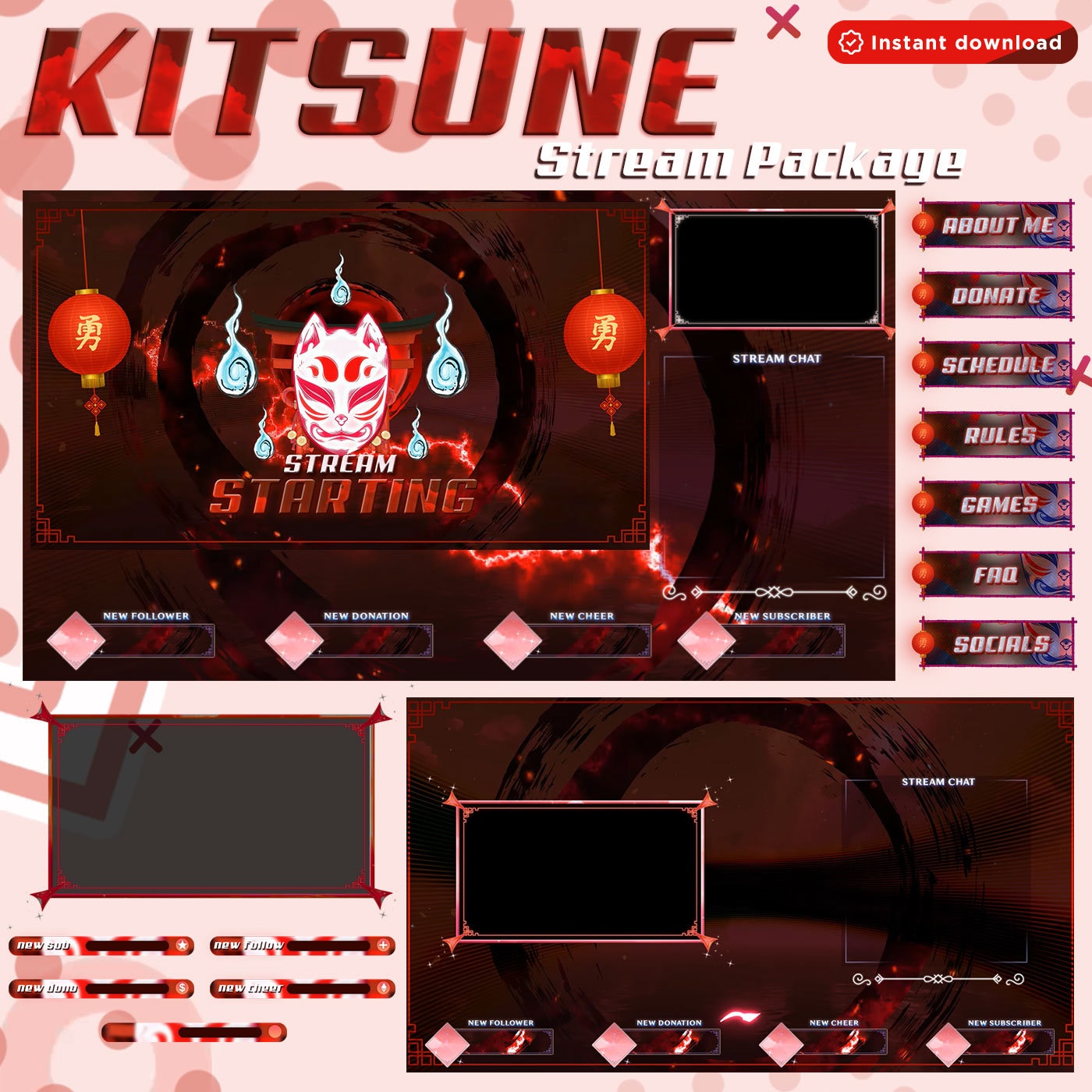 Animated Black Kitsune Stream Package for Twitch Streamers Japanese ...