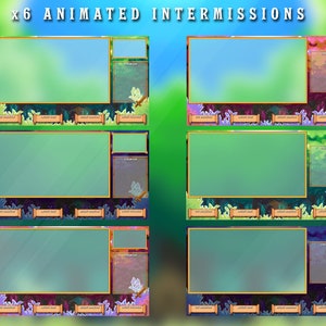 Peut inclure: Six intermissions anim&eacute;es pour flux Twitch avec un sch&eacute;ma de couleurs vert, bleu et violet. Chaque intermission comprend un grand espace rectangulaire pour une vid&eacute;o ou une image, un espace plus petit pour le titre du flux et une rang&eacute;e d'espaces plus petits pour les liens vers les m&eacute;dias sociaux. Le texte "x6 ANIMATED INTERMISSIONS" est en haut de l'image.