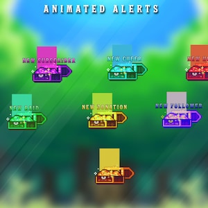 Peut inclure: Alertes anim&eacute;es pour les flux Twitch, pr&eacute;sentant une vari&eacute;t&eacute; de coffres color&eacute;s avec des &eacute;tiquettes de texte comme "Nouvel abonn&eacute;", "Nouvel encouragement", "Nouvel h&ocirc;te", "Nouveau raid", "Nouveau don" et "Nouveau follower".