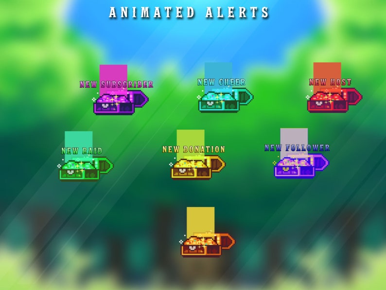Peut inclure: Alertes anim&eacute;es pour les flux Twitch, pr&eacute;sentant une vari&eacute;t&eacute; de coffres color&eacute;s avec des &eacute;tiquettes de texte comme "Nouvel abonn&eacute;", "Nouvel encouragement", "Nouvel h&ocirc;te", "Nouveau raid", "Nouveau don" et "Nouveau follower".