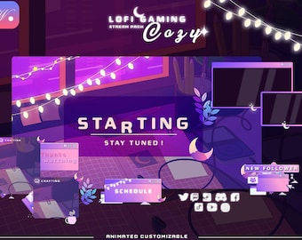 Animated Lofi Stream Pack  For Twitch Streamers Pixel Relax Lofi overlays For Twitch youtube Streamers Lofi Purple and Black
