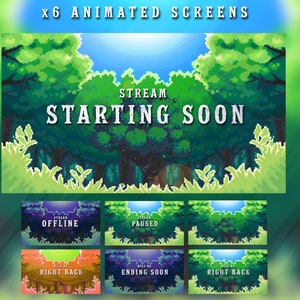 Peut inclure: Six &eacute;crans anim&eacute;s pour le streaming, avec une sc&egrave;ne de for&ecirc;t en pixels. Les &eacute;crans affichent diff&eacute;rents &eacute;tats&nbsp;: bient&ocirc;t en direct, hors ligne, en pause, fin de la diffusion bient&ocirc;t et de retour bient&ocirc;t. Le texte est dans une police de caract&egrave;res pixelis&eacute;e r&eacute;tro.