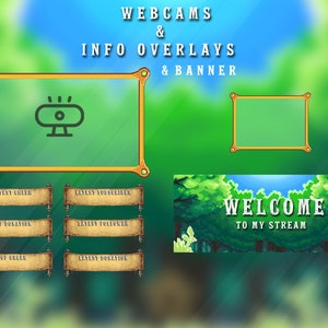 Peut inclure: Un ensemble de superposition de flux Twitch sur le th&egrave;me vert et or avec une banni&egrave;re de bienvenue, un cadre de webcam et des panneaux d'information pour le dernier encouragement, l'abonn&eacute;, le follower et le don.