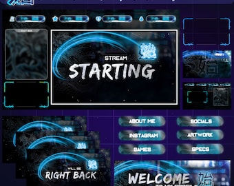 Puede incluir: Una superposición de transmisión de Twitch azul y negra con el texto "BLUE YAKUZA" y "STREAM STARTING" en blanco. La superposición también incluye un cuadro de chat, botones de redes sociales y una pancarta de "RIGHT BACK".