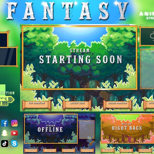 Premium Fantasy Stream Paket Volle Twitch Stream Overlays Animierter RPG Stream für Twitch Streamer Grünes Fantasy Overlays Pixel Art Paket