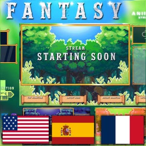 May include: A fantasy themed Twitch stream starting soon overlay with a green forest background. The text "STREAM STARTING SOON" is displayed in the center of the overlay. The overlay also includes sections for top donations, latest subs, recent donations, and chat.