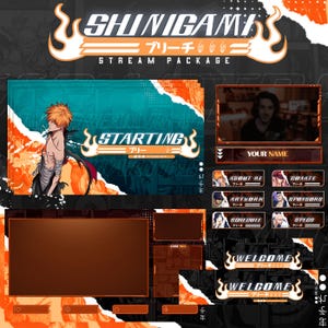 May include: A digital streaming overlay package with a teal, orange, and black color scheme. The design includes the text "SHINIGAMI" and "STREAM PACKAGE". The package features a character illustration and various streaming elements.