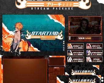 May include: A digital streaming overlay package with a teal, orange, and black color scheme. The design includes the text "SHINIGAMI" and "STREAM PACKAGE". The package features a character illustration and various streaming elements.