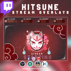 Animated Kitsune Stream Package For twitch streamers Japanese Kitsune Cherry Blossom Alerts for Twitch Overlay Red Kitsue Animated