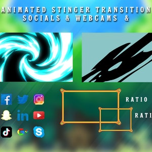 Peut inclure: Effet de transition anim&eacute; en forme de dard pour les m&eacute;dias sociaux et les webcams. L'effet pr&eacute;sente un design tourbillonnant bleu et blanc. L'image montre &eacute;galement deux cadres avec le texte "RATIO 16:9" et "RATIO 4:3" indiquant les rapports d'aspect. Des ic&ocirc;nes de m&eacute;dias sociaux sont affich&eacute;es sous les cadres.