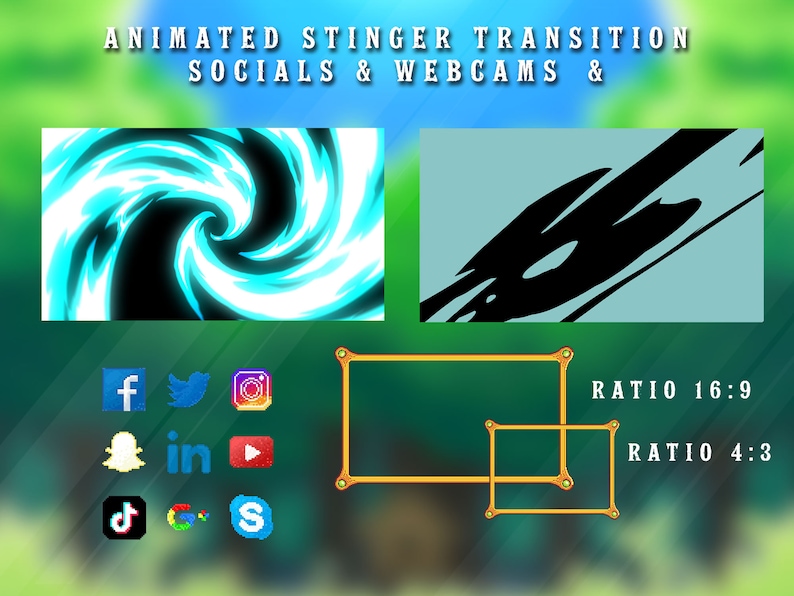 Peut inclure: Effet de transition anim&eacute; en forme de dard pour les m&eacute;dias sociaux et les webcams. L'effet pr&eacute;sente un design tourbillonnant bleu et blanc. L'image montre &eacute;galement deux cadres avec le texte "RATIO 16:9" et "RATIO 4:3" indiquant les rapports d'aspect. Des ic&ocirc;nes de m&eacute;dias sociaux sont affich&eacute;es sous les cadres.