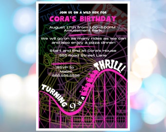 EDITABLE Theme Park Birthday Invitation, Roller Coaster, Printable Template, Instant Canva Download, Thrill, Amusement Park, Digital Invite