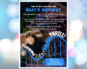 EDITABLE Picture Theme Park Birthday Invitation, Roller Coaster, Printable Template, Instant Canva Download, Amusement Park, Digital Invite