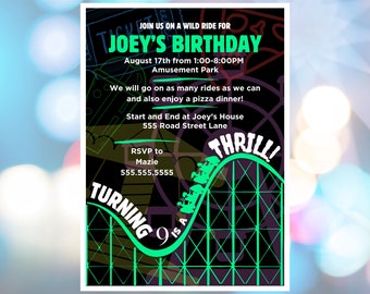 EDITABLE Theme Park Birthday Invitation, Roller Coaster, Printable Template, Instant Canva Download, Thrill, Amusement Park, Digital Invite
