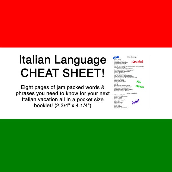 Italian Language Cheat Sheet - POCKET SIZE Travel Guide - Vacation, Quick Reference