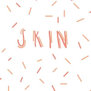 May include: A white background with the word "SKIN" written in a pink and orange font. The background is covered in small pink and orange lines.