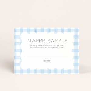 Blauwe gingham luier loterijkaart, babyjongen luier invoegen, instant download, genderneutraal, bewerkbaar