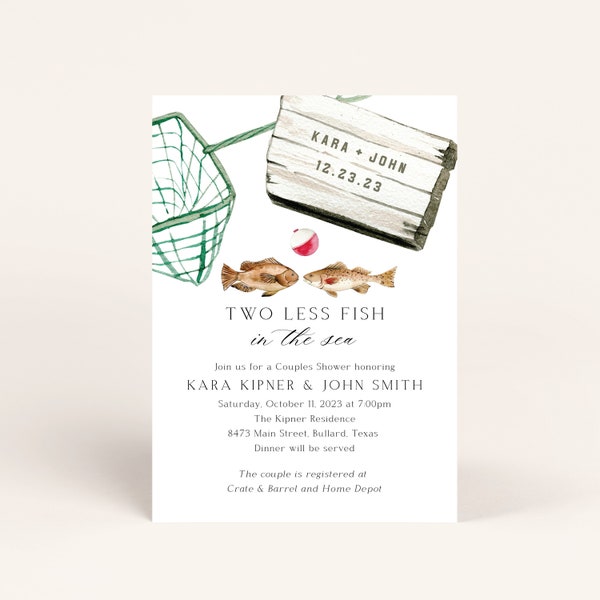 Couples Shower Invitation, Fishing, His and Hers Shower Invitation, Two Less Fish in the Sea, Instant Download, Editable