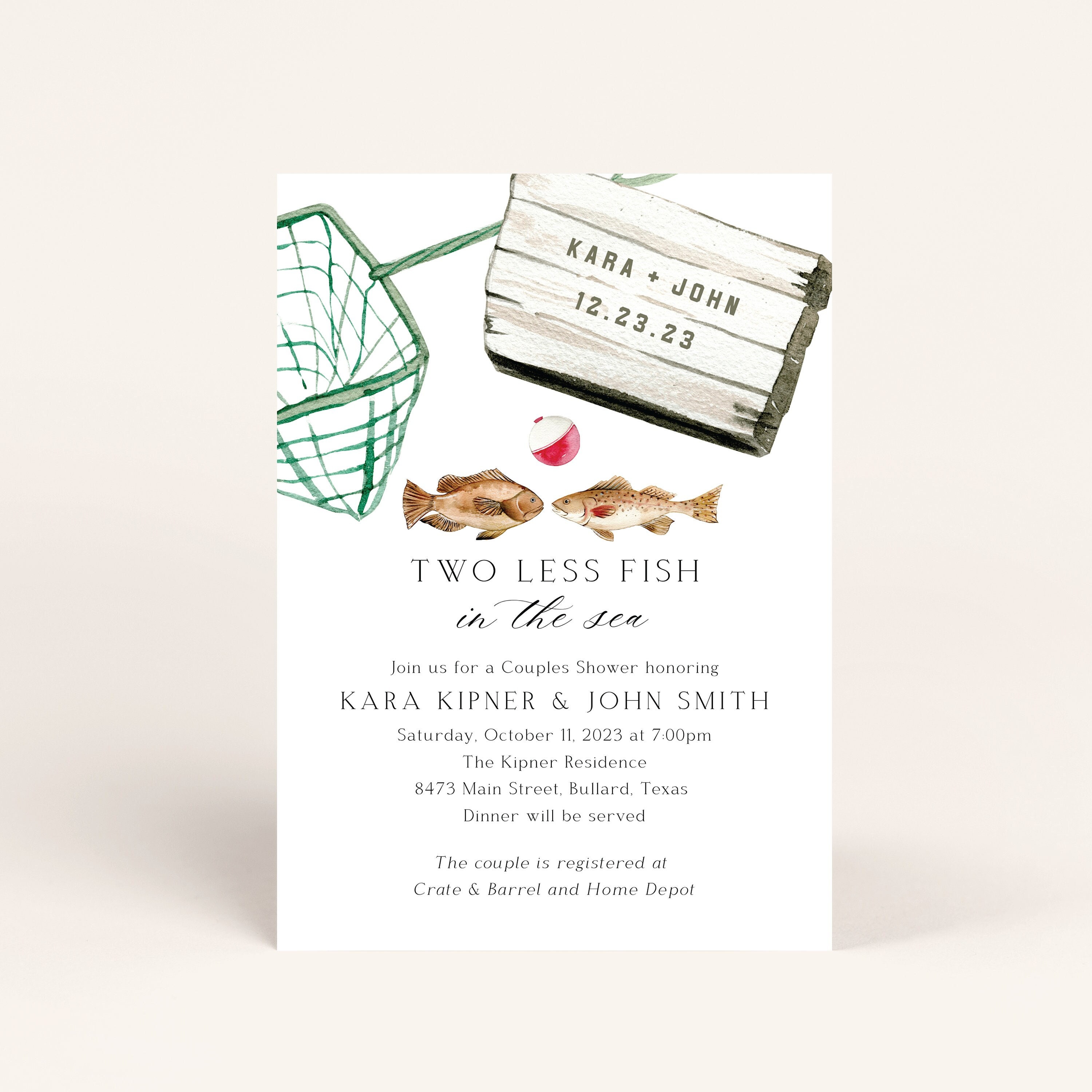 Large Bridal Shower Invitation Two Less Fish in the Sea 8.5 X 5.5
