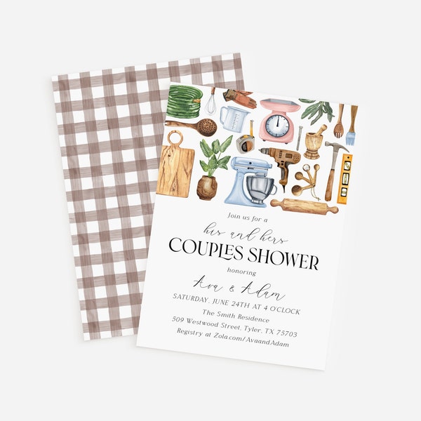 Couples Shower Invitation, His and Hers Shower Invitation, Tools, Kitchen, Backing, Instant Download