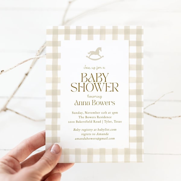 Neutral Baby Shower Invitation, Gingham, Baby Shower Invite, DIY, Instant Download, Gender Neutral, Editable, Tan, Beige