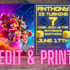 Super Mario Invitation, Princess Peach, Bowser, Luigi, Koopa, Birthday party, Birthday, Party, 1,2,3,4,5,6,7,8,9,10