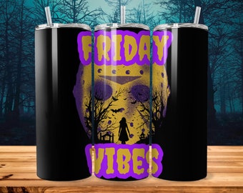 May include: A black stainless steel tumbler with a purple and yellow graphic of a hockey mask with the text "FRIDAY VIBES" on it.