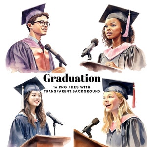 Paquete de imágenes prediseñadas de acuarela de graduación, fondo transparente, imágenes prediseñadas de graduación, descarga instantánea, uso comercial, imágenes prediseñadas universitarias, paquete PNG