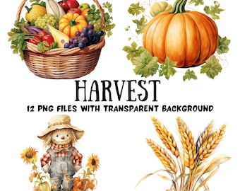 May include: A collection of 12 digital illustrations featuring autumn harvest themes. The images include a basket of fruit and vegetables, a pumpkin with vines, a scarecrow, and wheat stalks.