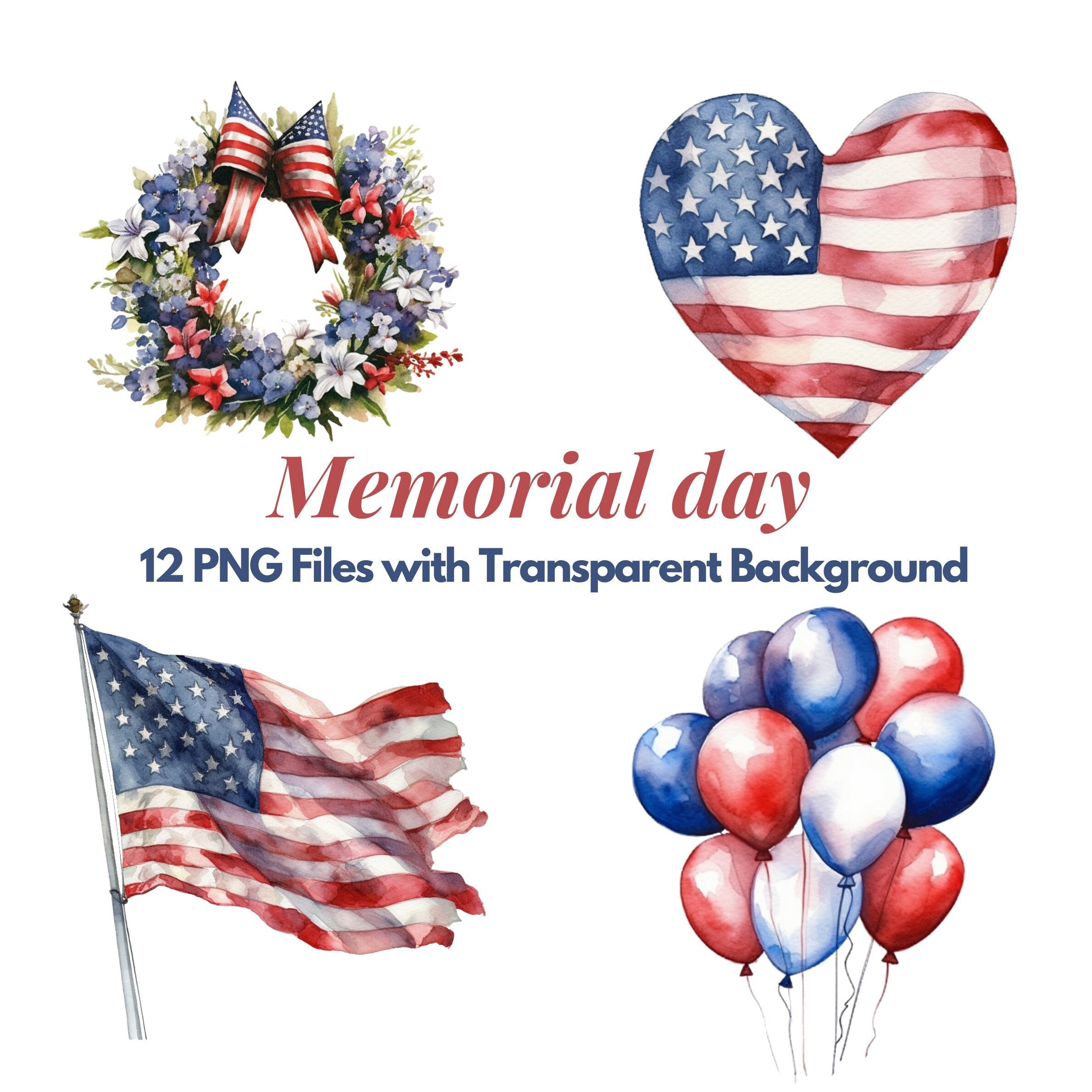Memorial Day Watercolor Clipart Bundle Transparent Background PNG