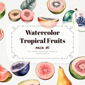Acuarela Tropical Fruit Clipart pack #1 - jugosa fruta tropical en formato PNG a 300dpi, descarga instantánea para uso comercial